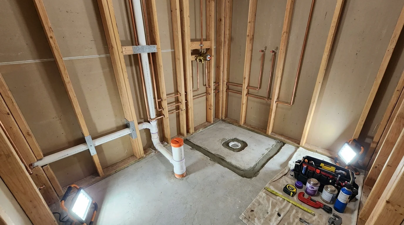 Bathroom rough-in plumbing during remodel by Johns Plumbing LLC in Electra