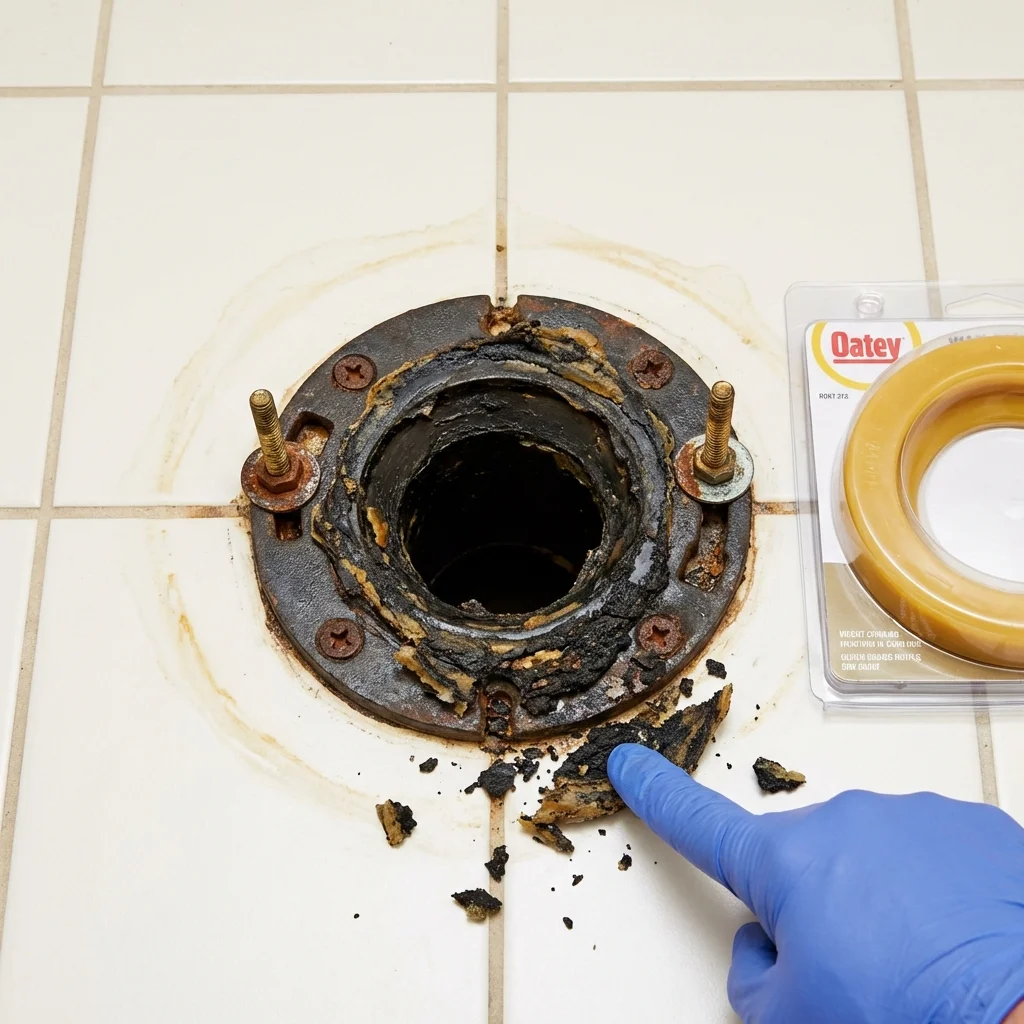 Failed wax ring showing water seepage at the base of a toilet in a Electra, TX home