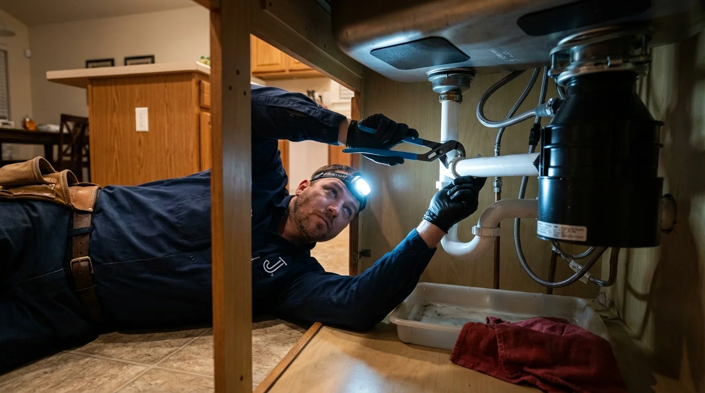 P-trap and supply line connections under a kitchen sink showing a common leak point in Electra, TX